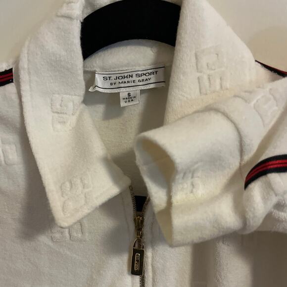St. John White terry full zip jacket with raised logo Size Small Vintage - Picture 3 of 6